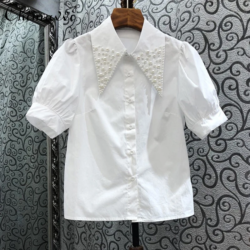 

Белая рубашка с коротким рукавом для женщин, лето 2021, модная Свободная блузка в Корейском стиле с пышными рукавами, простой женский топ с тяж...