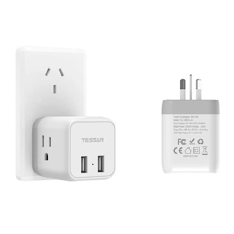 

TESSAN 3 American Outlets + 2 USB Charging Ports USA to Australia New Zealand Fiji Argentina Travel Plug Adapter - Type I