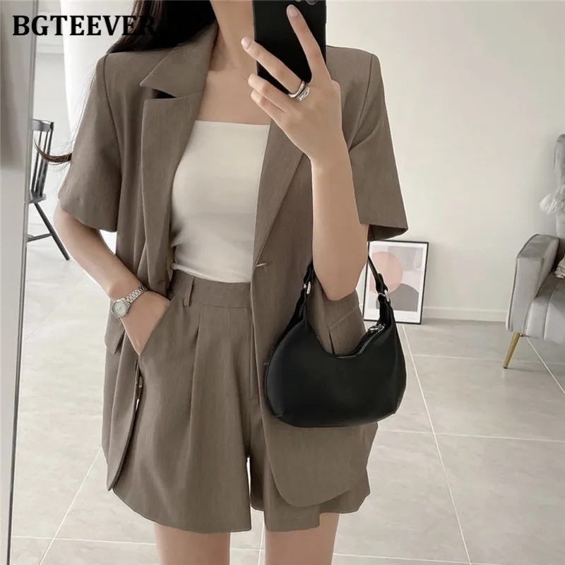 

BGTEEVER Casual Women 2 Pieces Blazer Set Short Sleeve Single-breasted Jackets & High Waist Shorts Ladies Solid Shorts Suits