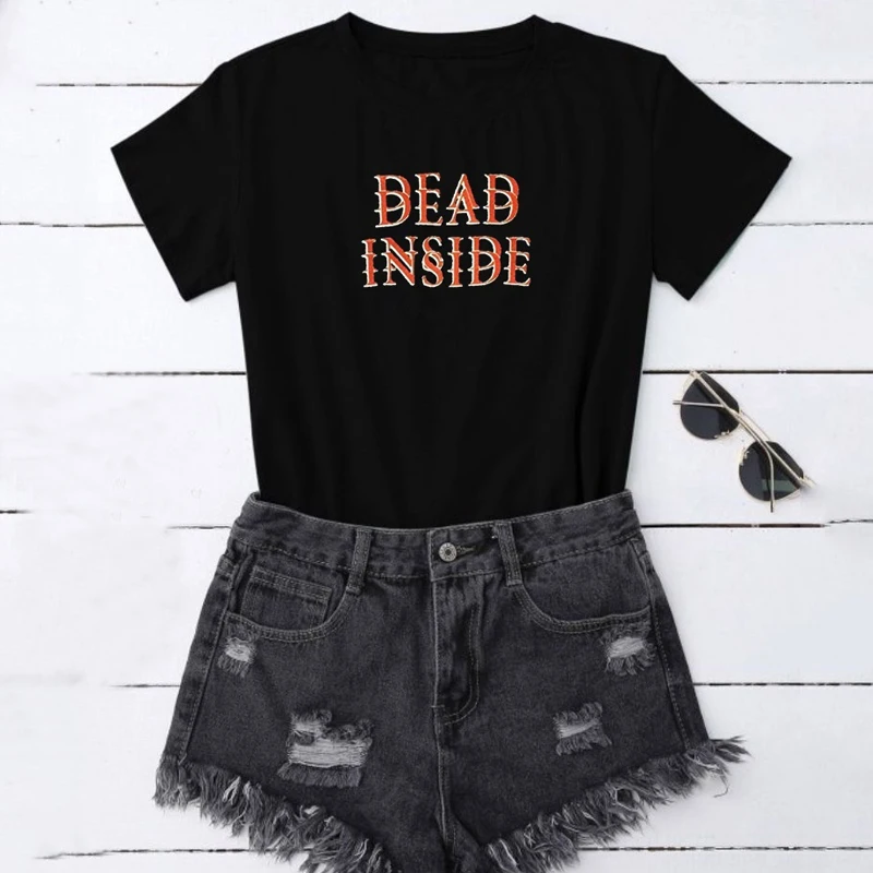 Женская футболка с надписью Dead Inside черная хипстерская в стиле гранж круглым