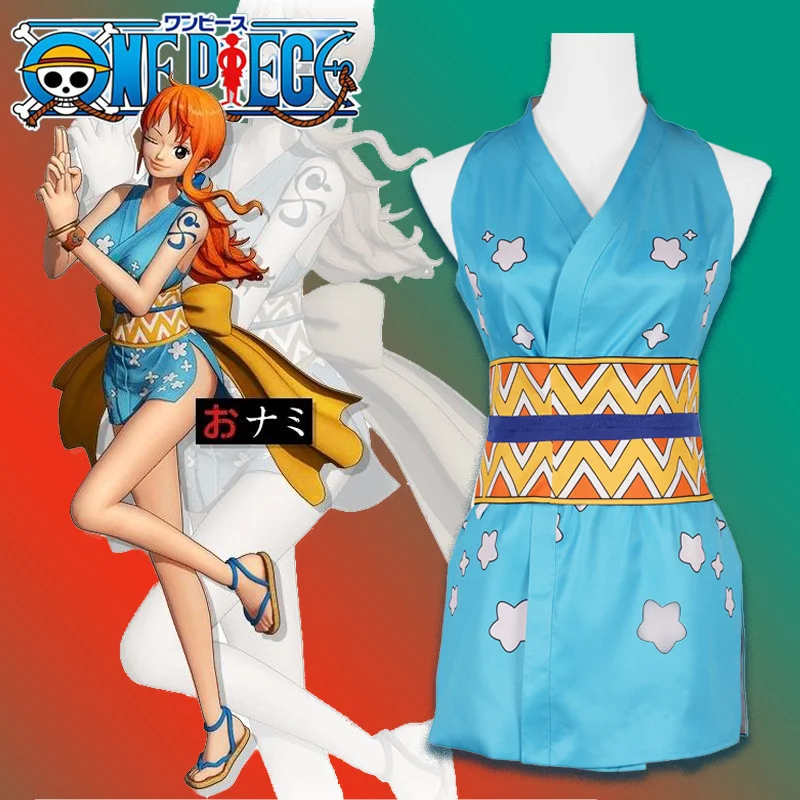 

One Piece Luffy cos straw hat group sailor Nami cosplay costume blue skirt Full Set