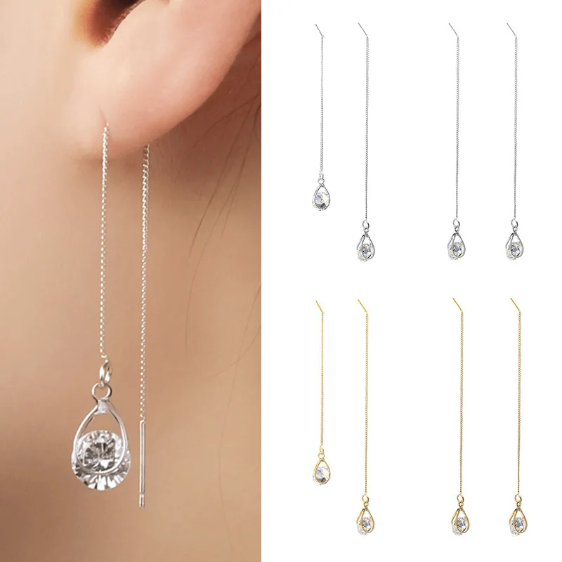 Модные серьги золотистого и серебряного цвета с цепочкой циркониевые