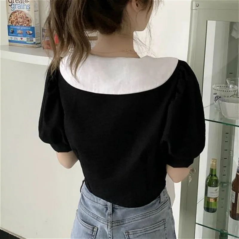 

Shirts Women Korean Style Pastoral Maiden Tender Mellow Summer Peter Pan Collar Ulzzang Preppy Crop Top Patchwork Puff Sleeve
