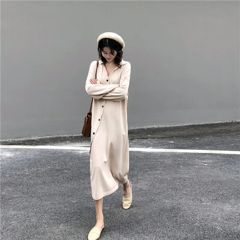 

GOOHOJIO New 2020 Women Dresses Autumn Winter Single Breated Casual Straight Turn-down Collar Asymmetric Loose Clothes One Size
