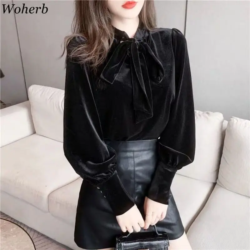 Woherb Blusas Mujer De Moda 2021 Pleuche рубашка с буфами на рукавах из вельвета бантом уплотненные