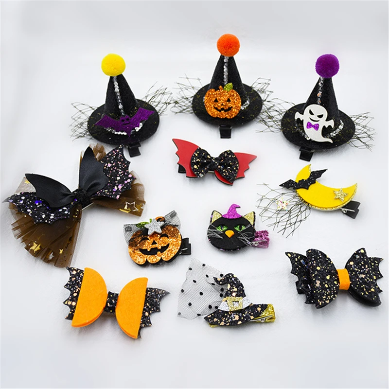 

10pcs/lot Halloween Glitter Hair Accessories Pumpkin Bat Hat Hair Bows Kid Hair Clip Cosplay Party Girls Barrettes Moon Headwear