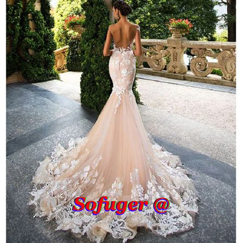 

Gorgeous Champagne Mermaid Wedding Dresses Scoop Backless Vestidos de Noivas Abiti Da Sposa Formal Bridal Wedding Dress