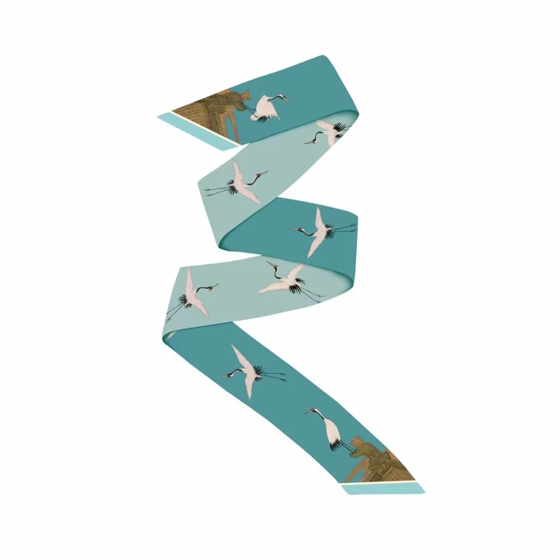 

Luna&Dolphin China Original Skinny Scarf 130x6cm Twill Artificial Silk Crane Print Bag Ribbon Headbands Streamer Tie Waistband