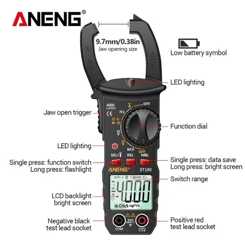 

ANENG ST180 4000 Counts Digital Clamp Meter Multimeter Clamp Multimeter Voltmeter Ammeter AC DC Voltage AC Current Meter