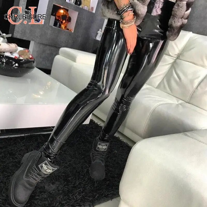 Женские обтягивающие леггинсы CHRLEISURE черные эластичные штаны из искусственной