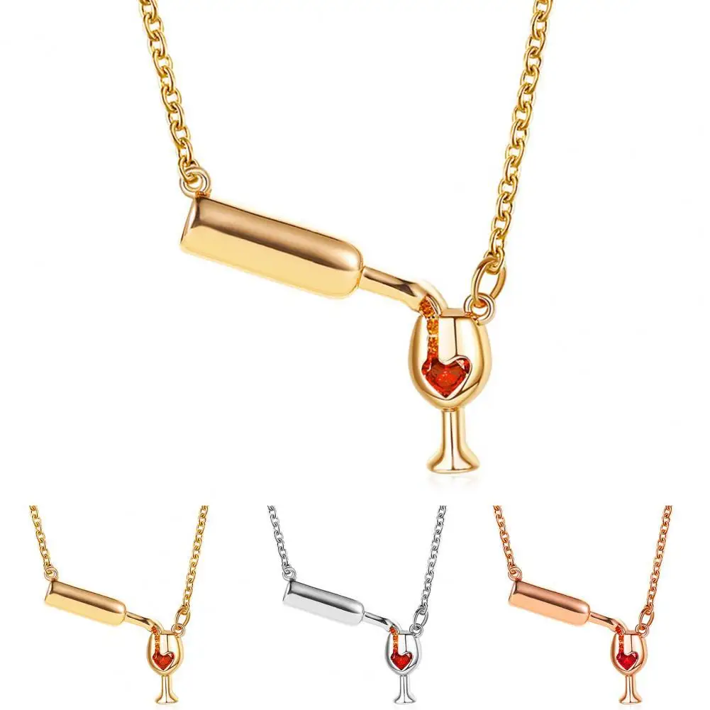 

Stylish Wine Cup Pendant Clavicle Necklace Fine Workmanship Elegant Copper Heart Rhinestone Women Necklace Party Jewelry