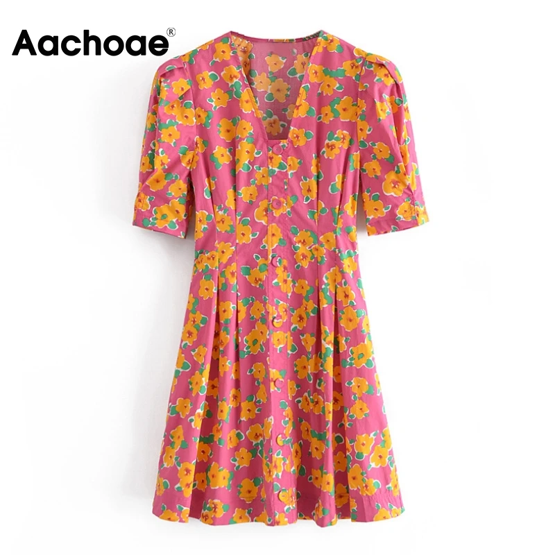 

Aachoae Fashion 2021 Women Boho Style Floral Printed Mini Dress Short Sleeve Party Dress Summer Holiday V Neck Pleated Dresses