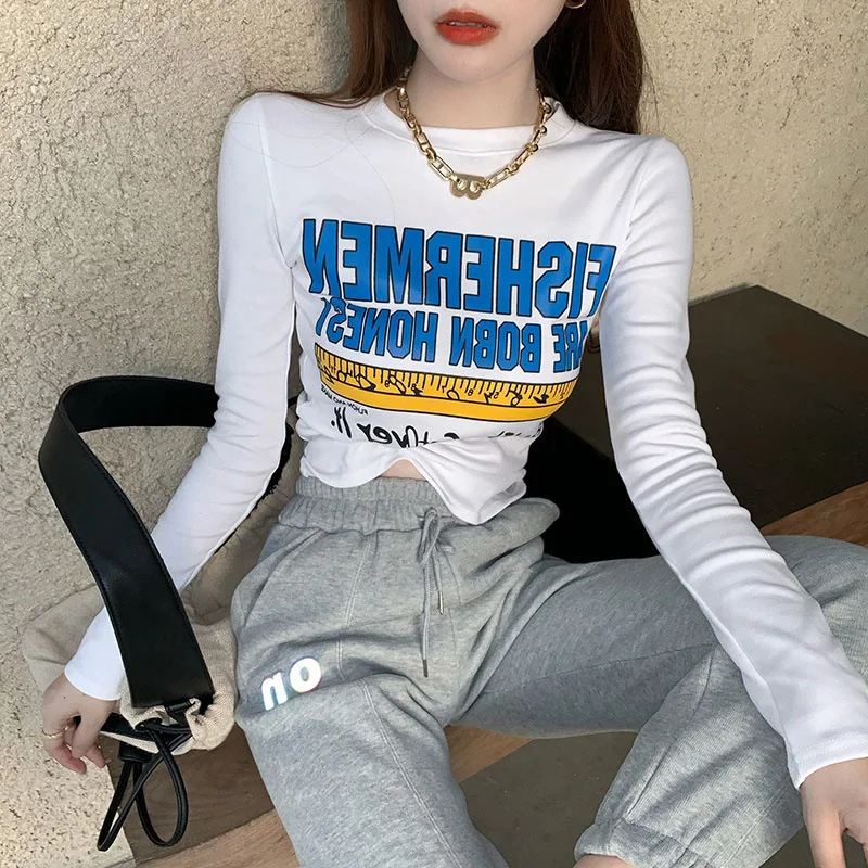 

White Cotton Long-sleeved T-shirt for Women Spring and Autumn New Skinny Inner 2021 New Slim Bottoming Shirt Top Kio