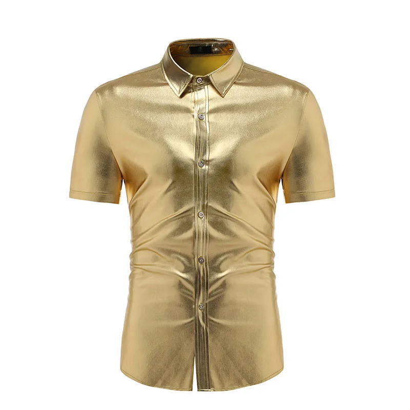 Mens Metallic Shiny Nightclub Party Shirts Camisa Masculina 2022 Fashion Gold Slim Fit Short Sleeve Shirt Men DJ Dance Costumes