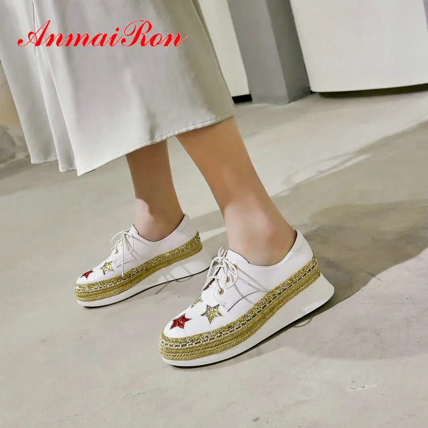

ANMAIRON 2020 Basic Genuine Leather Round Toe Pumps Women Shoes Luxury Shoes Women Designers Lace-Up Wedges Wedding Shoes 34-39