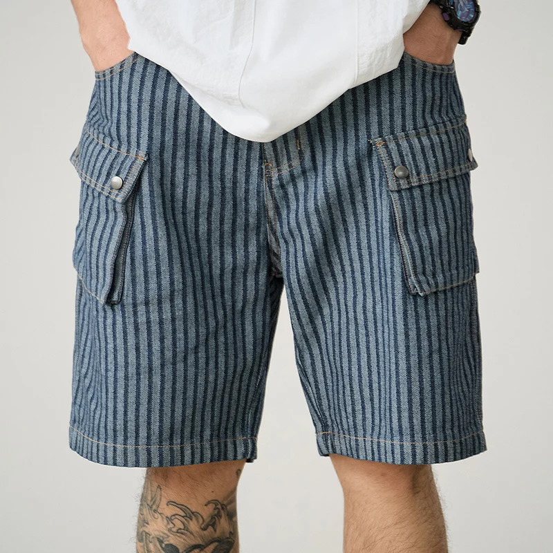 

Summer Men's Denim Vertical Striped Shorts Classic Vintage Loose Fit Cargo Straight Zipper Fly Multi-Pocket Cowboy Streetwear