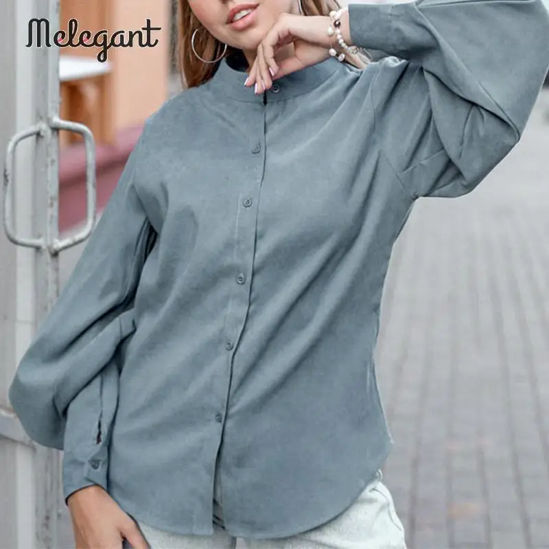Элегантная Высокая мода OL Однотонная синяя блузка Рубашки с рукавом фонариком