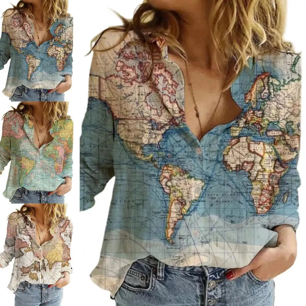 

Stylish Summer Top Map Printed Lightweight Turn-down Collar Summer Shirt Women Shirt Pollover Shirt