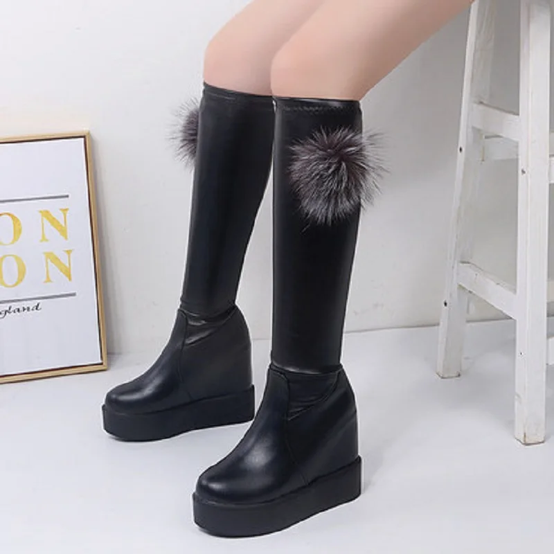 

2019 Winter New Women's Boots Comfortable Warmth Plus Fleece Fox Fur High Increased Slope Heel Non-slip Wearable Women's Boots