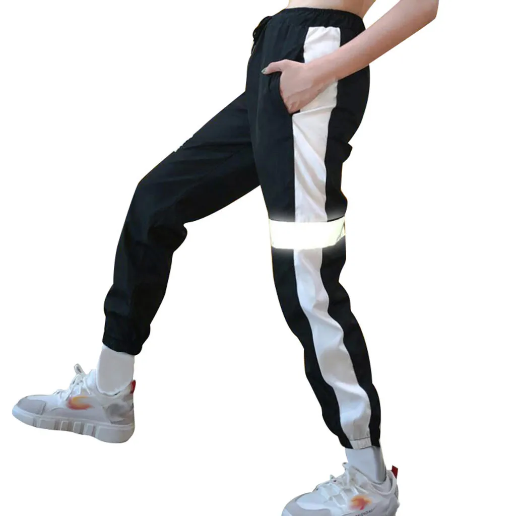 Бесплатная Страусиные брюки женские светоотражающие полосы сшитые ремень