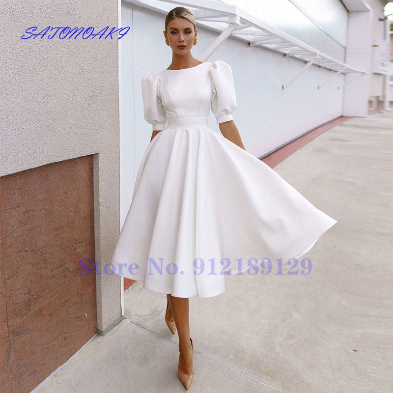 

Vestidos De Novia Simple White Satin Short Wedding Dresses Puff Sleeve Knee Length Sexy Open Back Bride Gown France Online Shop