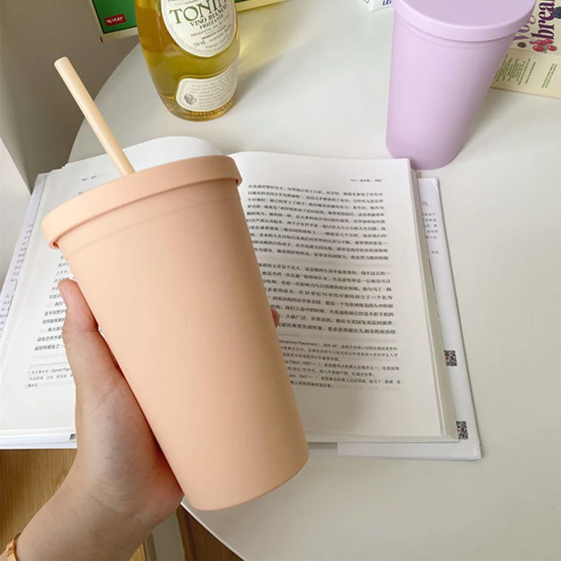 

Macaron Color Cute Summer Solid Large-capacity Double-layer Plastic Straw Cup