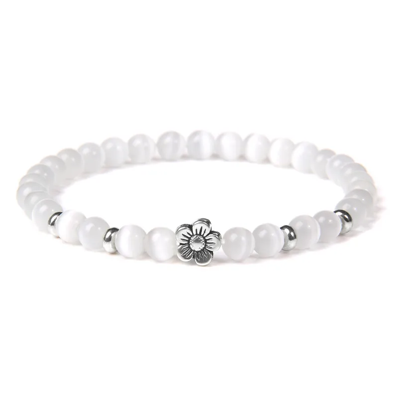 

Silver Color Flower Charm Bracelets Women Smooth Shiny 6 mm Pink Cat Eye Stone Beads Bangle Vintage Stretch Pulsera Healing Yoga