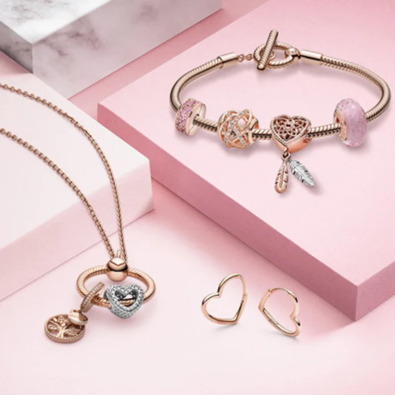 

925 Sterling Silver 2020 New Rose Gold Openwork Heart Two Feathers Charm Beads Fit Original 3mm Charm Bracelet Jewelry Gift