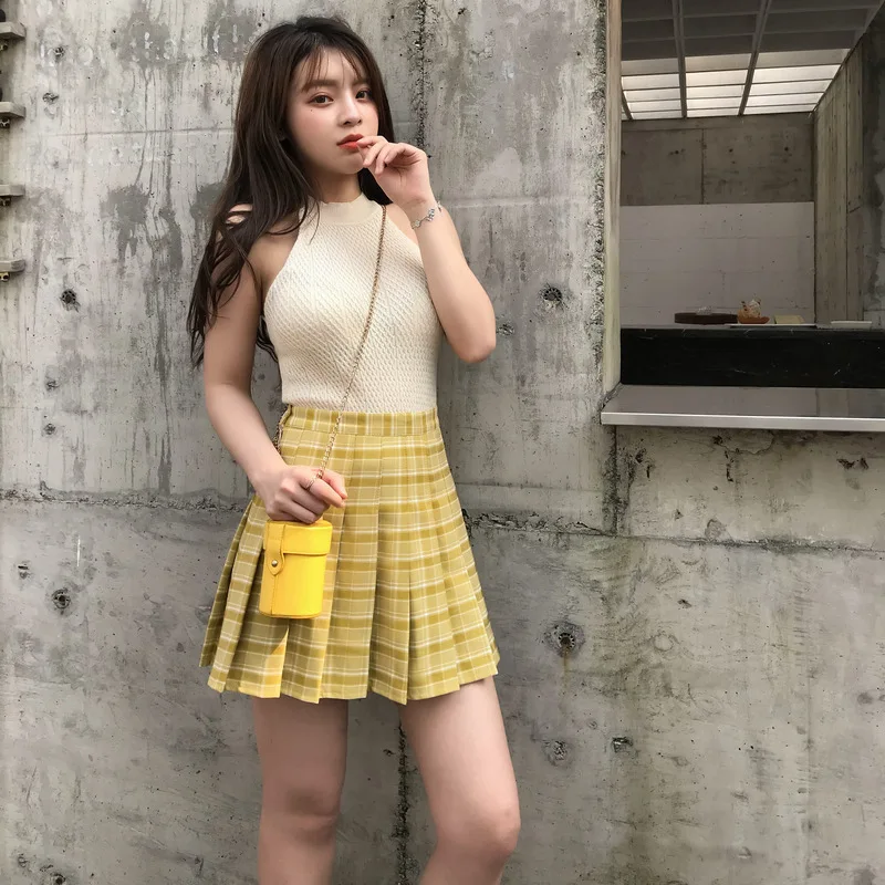 2020 желтая клетчатая юбка плиссированная зеленая с высокой талией трапециевидная