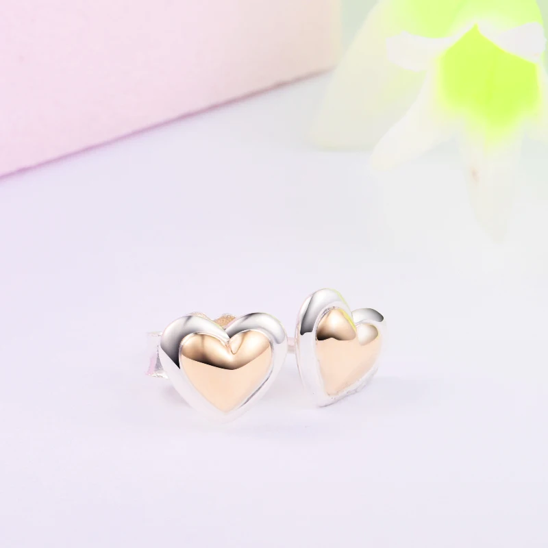 

Domed Golden Heart Stud Earrings for Women Authentic 925 Sterling Silver Jewelry Gift Ear Brincos Real 14K Gold 2021 New