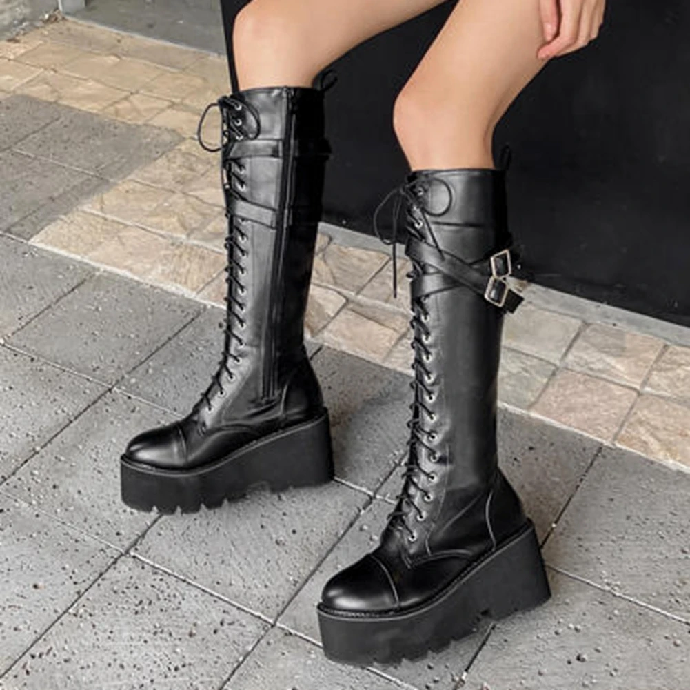 

SARAIRIS knee-high Zipper Modern Motorcycle Boots Fashion Round Toe Square Heel Buckle Comfy Women Shoes