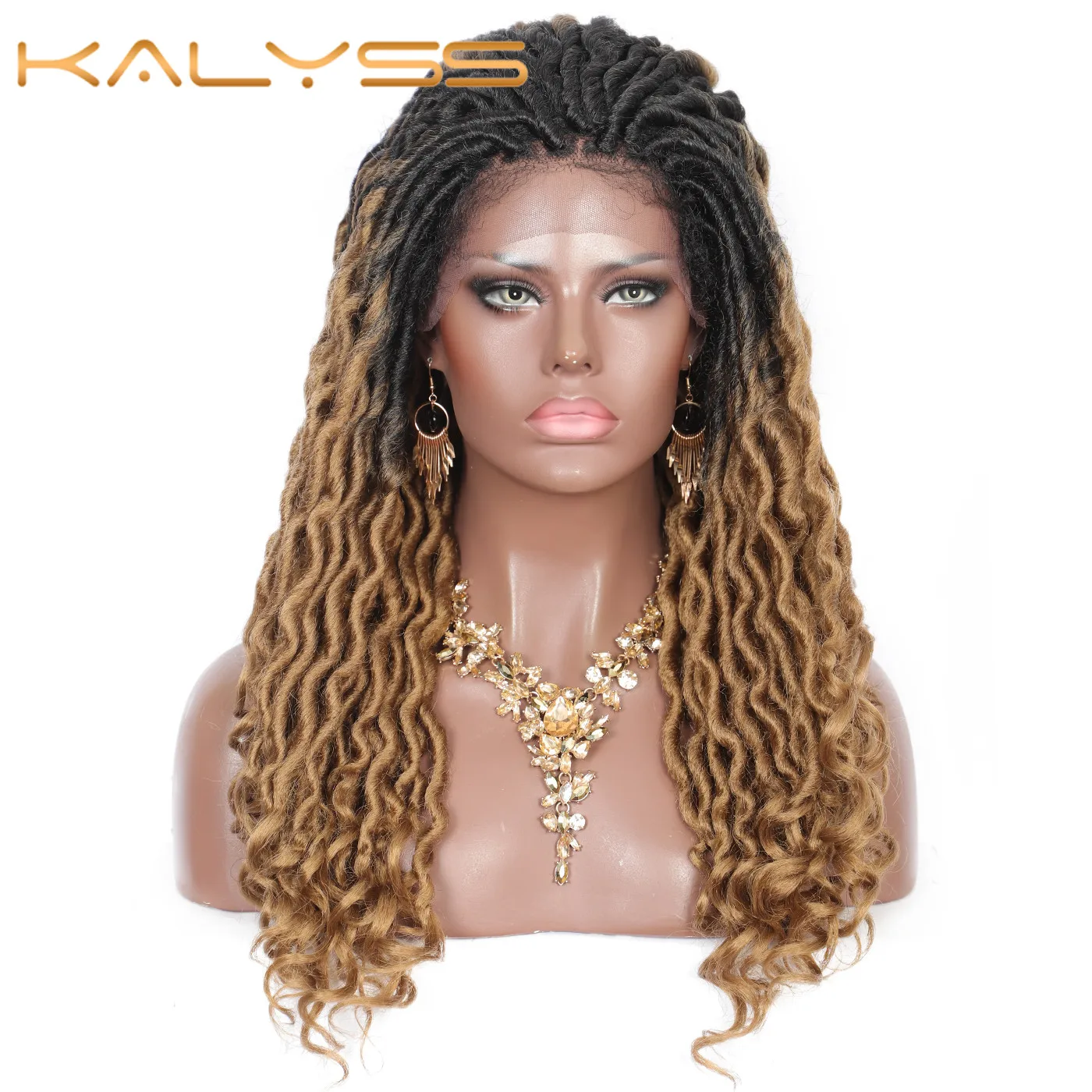 

Kalyss 22 Inches Synthetic Goddess Lace Front Jumbo Braids Wig With Curly Loose Ends Ombre Wavy Braiding Wigs For Black Women
