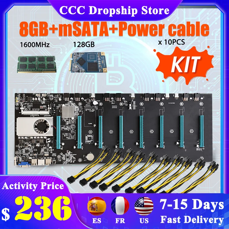 

Материнская плата для майнинга BTC-S37Riserless, 8 ЦП, набор для майнинга криптовалюты, эфирума, 4 ГБ DDR3, 1600 МГц, ОЗУ 128 ГБ, кабель питания mSATA SSD