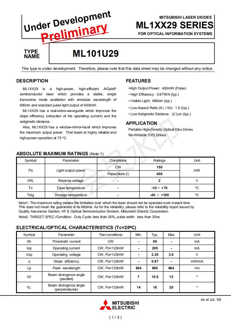 10 шт Mitsubishi ML101U29-25 Красный 400 нм МВт лазерный диод для промышленного использования