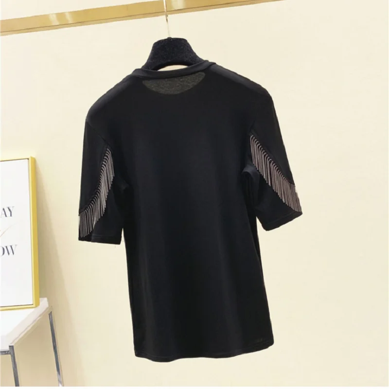

2021NEW heart-shaped heavy industry fringed women's short-sleeved T-shirt, summer cotton round neck all-match half-sleeved top
