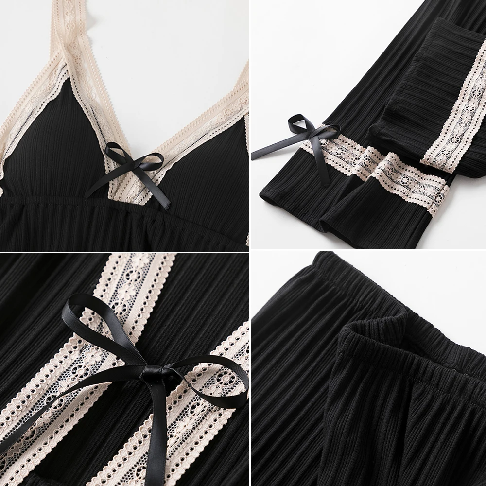 

New style sling pajamas three-piece women's spring autumn cotton sexy lace pajamas nightgown homewear Fashion bathrobe JX036