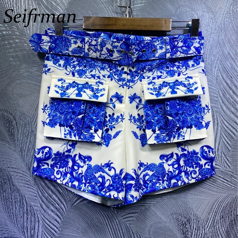 

Seifrman Women Summer Fashion DesignerShorts Set Lantern Sleeve Loose Tops + High Waist Pockets Print Shorts 2 TwoPiecesSuits