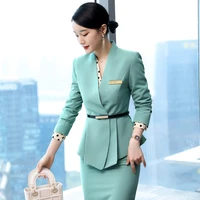 izicfly autumn winter new style green office professional women business suits with skirt and blazers set work wear include belt