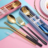 stainless steel cutlery set portable chopsticks spoon fork straw clean brush set with storage box picnic kitchen tableware set
