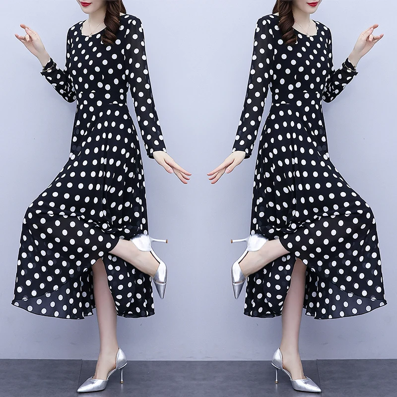 Женское платье-миди в горошек TingYiLi черное пляжное платье-трапеция с длинным