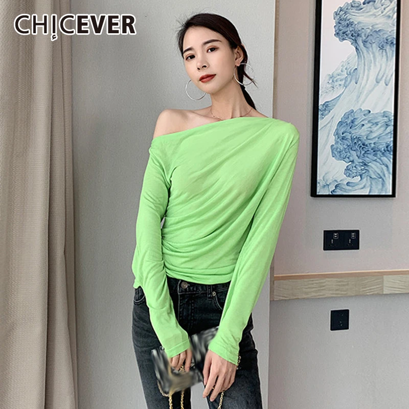 CHICEVER корейские женские футболки асимметричный воротник одно плечо длинный рукав