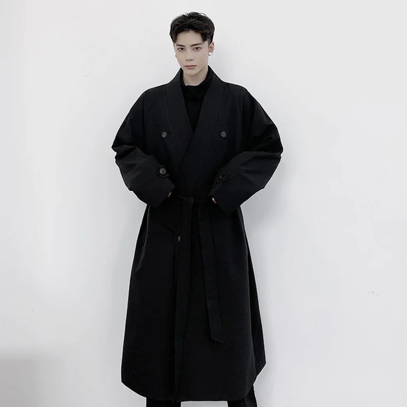 

Мужская модная асимметричная двубортная Тренч с поясом, новинка 2021, свободная черная ветровка средней длины на осень и зиму