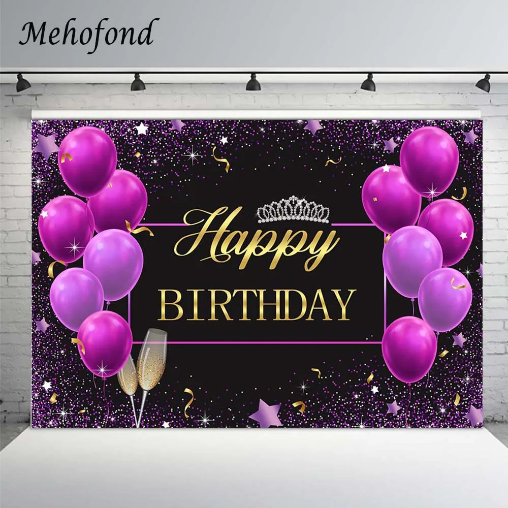 

Mehofond Purple Balloons Happy Birthday Photography Backdrops Crown Star Polka Dots Women Girl Party Photo Background Photophone