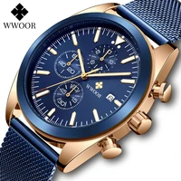 2021 new wwoor sports business mens watches with steel mesh blue top brand luxury chronograph waterproof quartz wristwatch clock