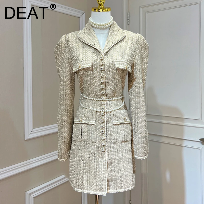 DEAT Women Tweed Jacket Thick Pearls Button Chain Full Sleeve Lapel Formal Style Elegant Outcoat 2021 Autumn Fashion 15AB297 |