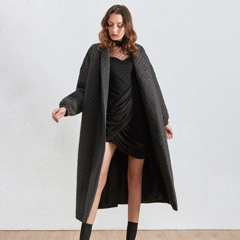 TWOTWINSTYLE Argyle хлопковое пальто для женщин, воротник с лацканами, фонарь, длинный рукав, Свободная Женская парка, одежда, Зимняя мода, новинка