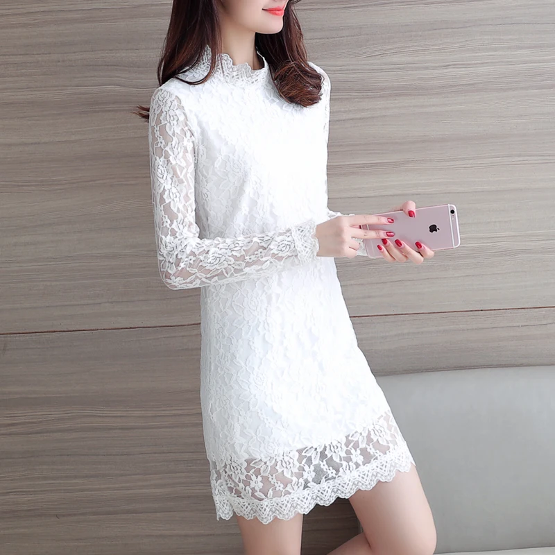 

Spring/Summer 2021 Women's new slim size lace bottom dress lady long-sleeved lace semi-high-neck dress