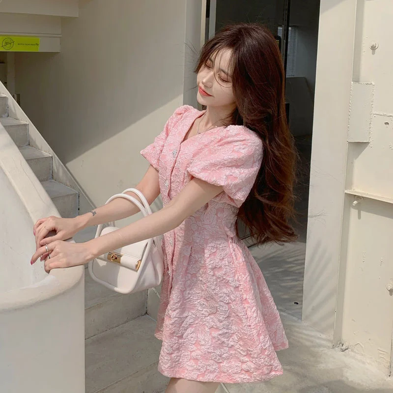 

Puff Sleeve Button Dress Mini Backless V-Neck Summer Party White Elegant Pink n Robe Femme Ete Vestidos Curto