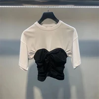 summer new muslin black and white stitching short sleeved t shirt 2021 womens round neck contrast color irregular wrinkle top a