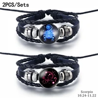 2pcssets 12 constellations stainless steel leather bracelet charm 12 zodiac titanium steel bracelets bangles cuff bracelet
